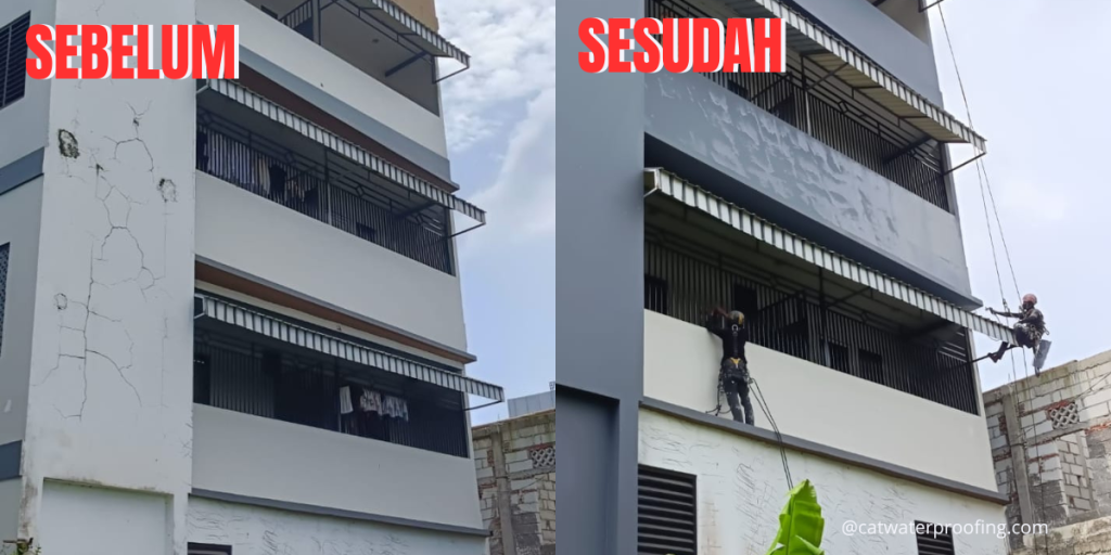 Perbandingan sebelum dan sesudah waterproofing dinding gedung: dinding retak diperbaiki oleh tim rope access