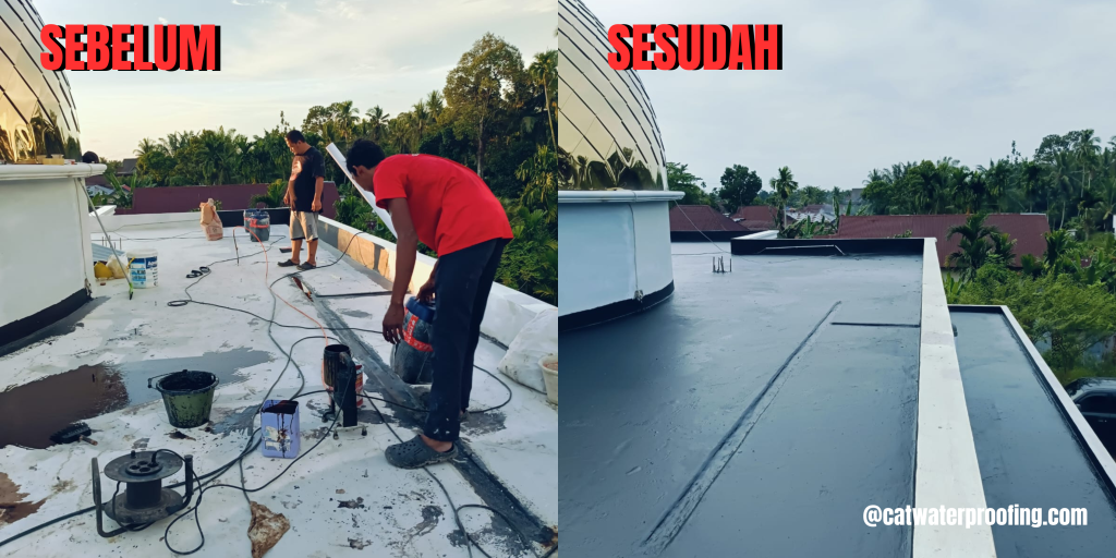 Perbandingan sebelum dan sesudah waterproofing dak masjid. Sisi sesudah menunjukkan hasil lapisan asphalt emulsion yang rapi
