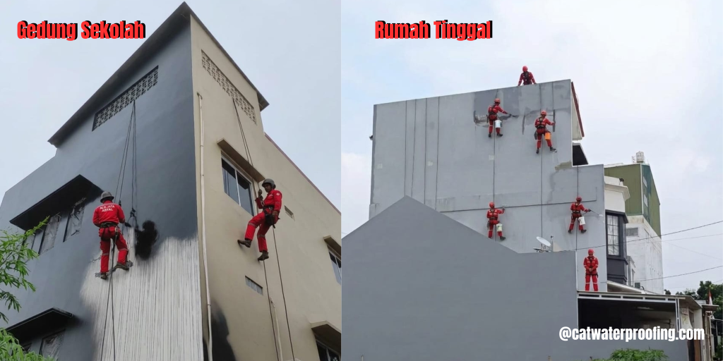 Tim profesional melakukan waterproofing dinding eksterior gedung sekolah dan rumah tinggal menggunakan metode rope access