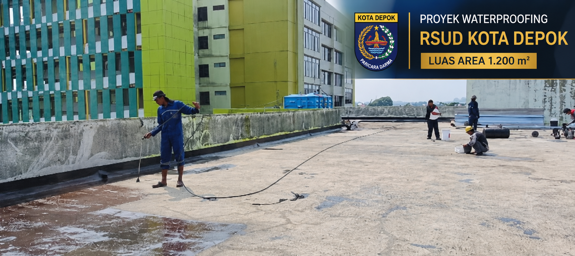Dokumentasi waterproofing dengan logo Kota Depok dan tulisan proyek RSUD Kota Depok